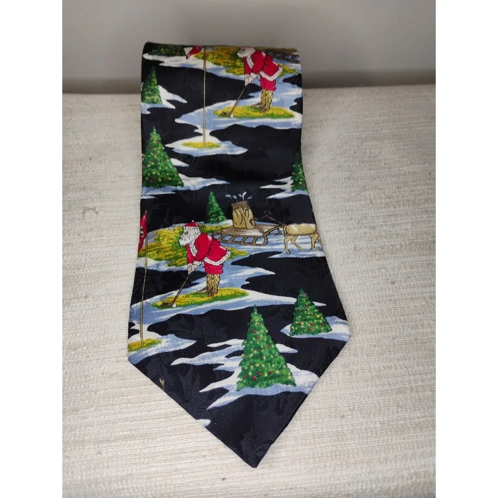 Oscar de la Renta Couture Silk Necktie Mens Santa Golf Vtg USA Made Christmas - Picture 1 of 6